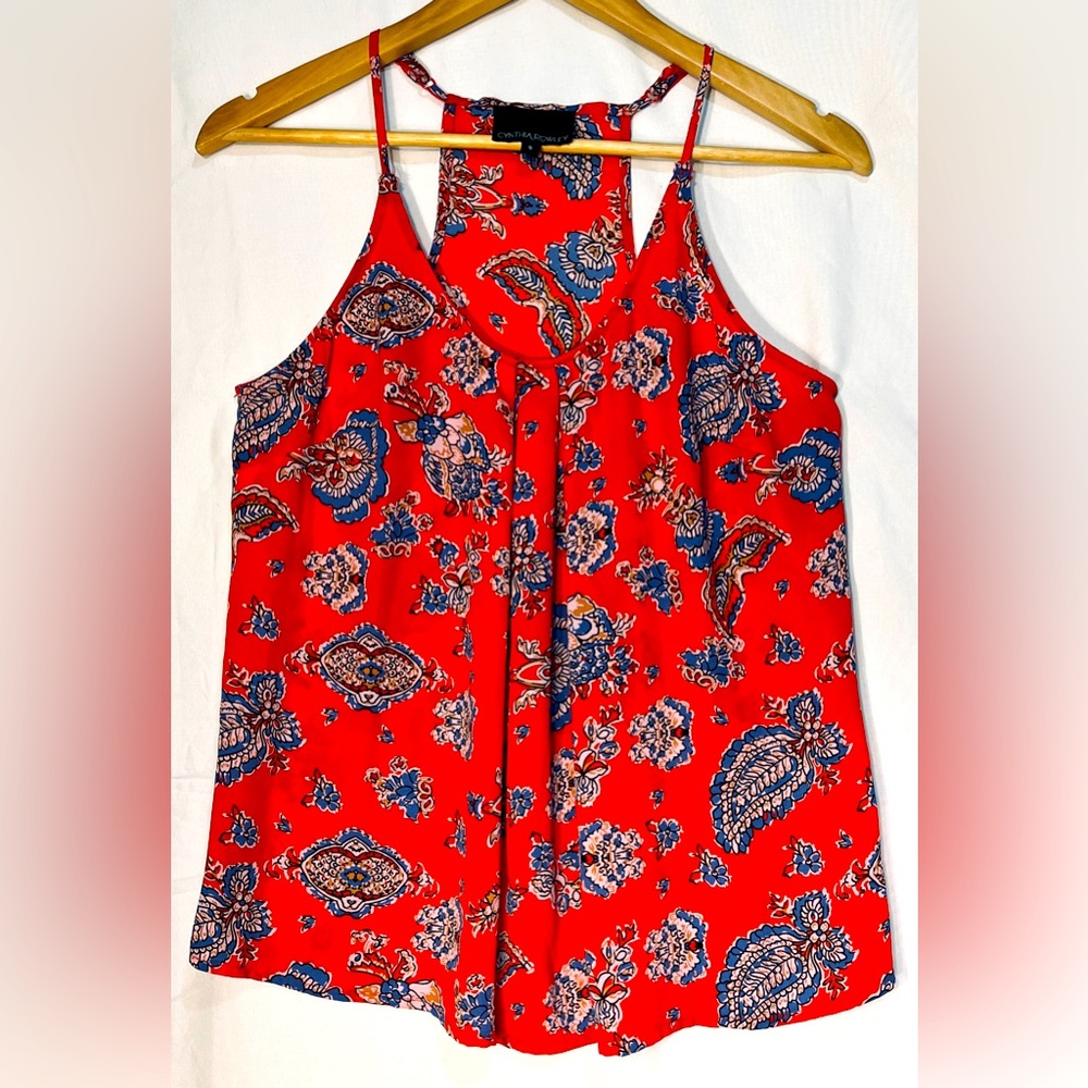 Cynthia Rowley Red with Floral Print Racer Back Blouse Size S.